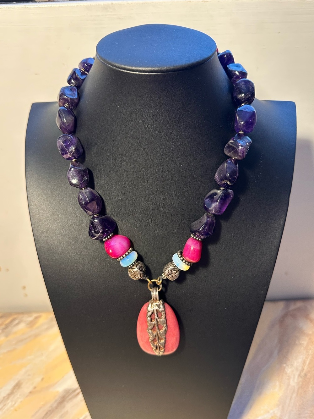 Masha Archer Handcrafted Purple and Pink Beaded Pendant Necklace